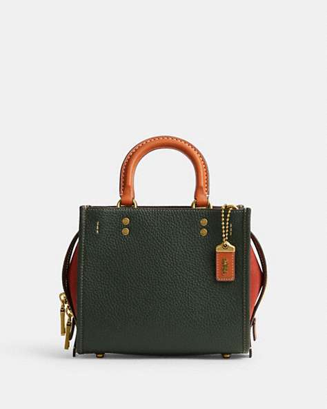 COACH®,ROGUE 20 IN COLORBLOCK,Pebble Leather,Small,Brass/Amazon Green Multi,Front View