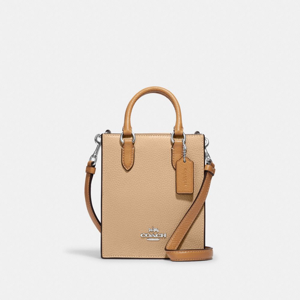 COACH®,NORTH SOUTH MINI TOTE IN COLORBLOCK,Leather,Silver/Sandy Beige Multi,Front View