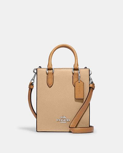COACH®,NORTH SOUTH MINI TOTE IN COLORBLOCK,Leather,Silver/Sandy Beige Multi,Front View