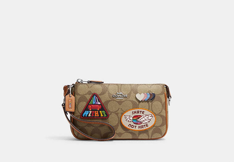 COACH®,NOLITA 19 IN SIGNATURE CANVAS WITH PATCHES,canvas,Silver/Khaki Multi,Front View