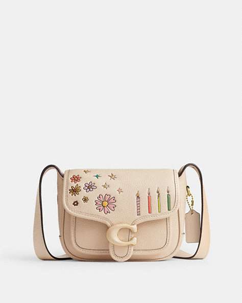COACH®,COACH X OBSERVED BY US TABBY MESSENGER 19,Polished Pebble Leather,Mini,Garden,Brass/Ivory Multi,Front View