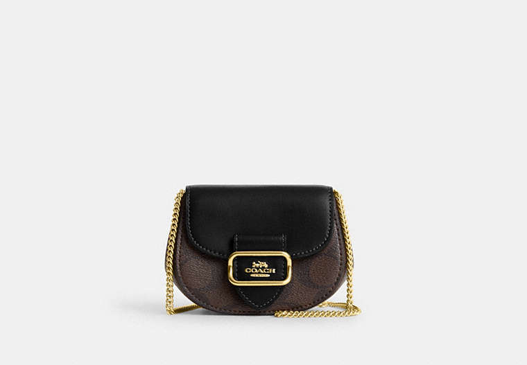 COACH®,MORGAN CARD CASE ON A CHAIN IN SIGNATURE CANVAS,Leather,Gold/Brown Black,Front View