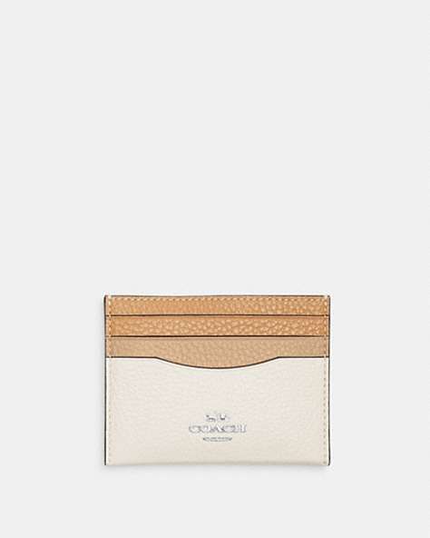 COACH®,SLIM ID CARD CASE IN COLORBLOCK,Leather,Silver/Sandy Beige Multi,Front View