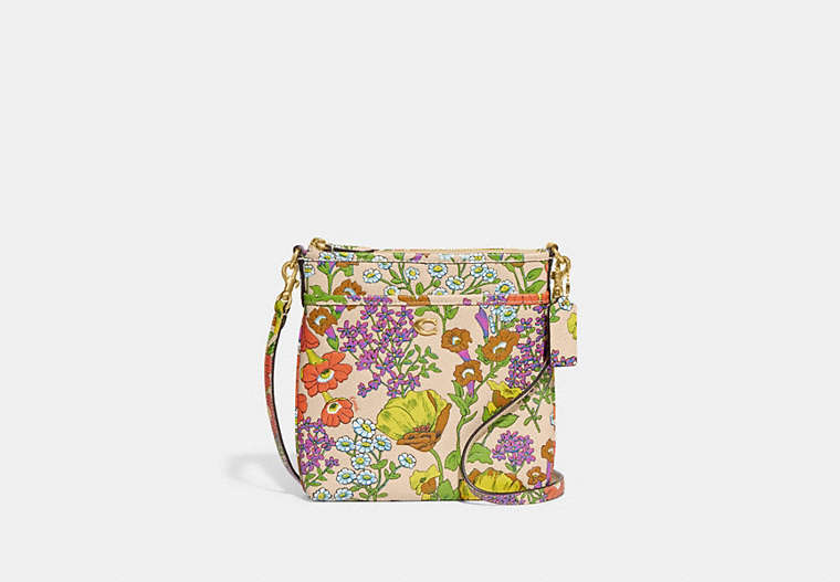 COACH®,KITT MESSENGER CROSSBODY WITH FLORAL PRINT,Pebbled Leather,Brass/Ivory Multi,Front View