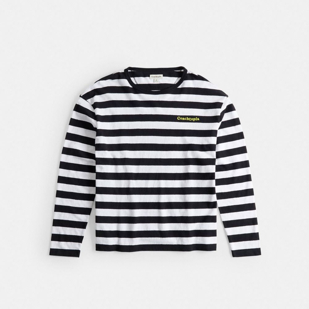 COACH®,Long Sleeve T Shirt With Stripe Pattern,Recycled Cotton,T Shirt,Logo,Word Embellishment,Casual,Multi Color,Front View
