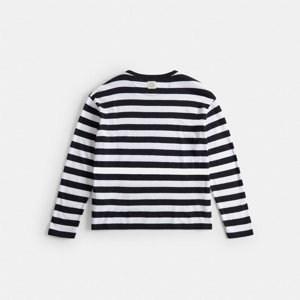 COACH®,Long Sleeve T Shirt With Stripe Pattern,Recycled Cotton,T Shirt,Logo,Word Embellishment,Casual,Multi Color,Back View