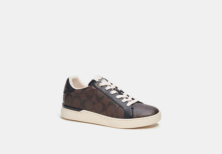 COACH®,CLIP LOW TOP SNEAKER IN SIGNATURE CANVAS,canvas,Mahogany/Black,Front View