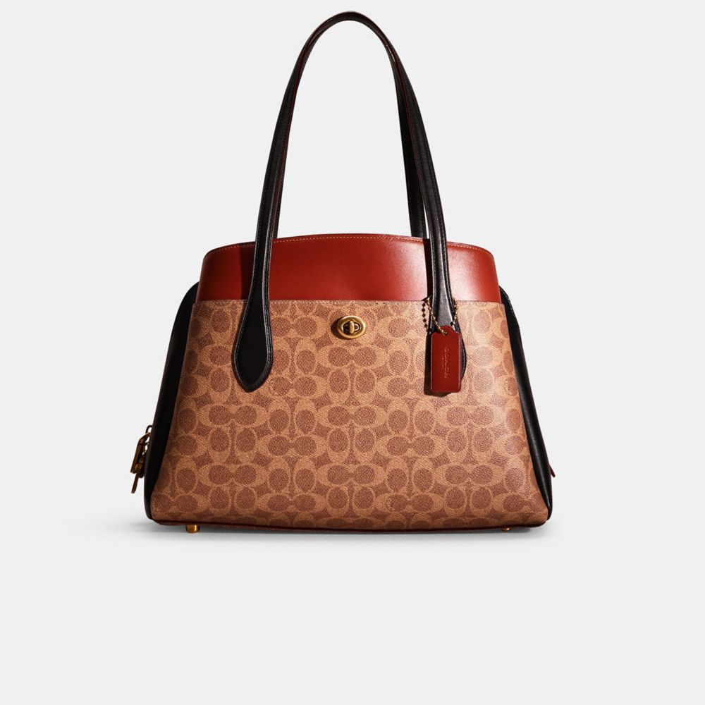 Coach Restored Lora Carryall In Colorblock Signature Canvas In Brass/tan/rust
