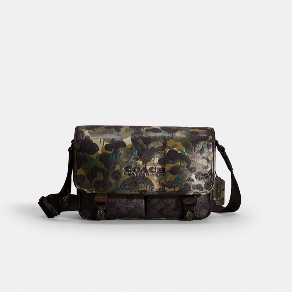 Coach Restored League Messenger Bag In Signature Canvas With Camo Print In Green/black