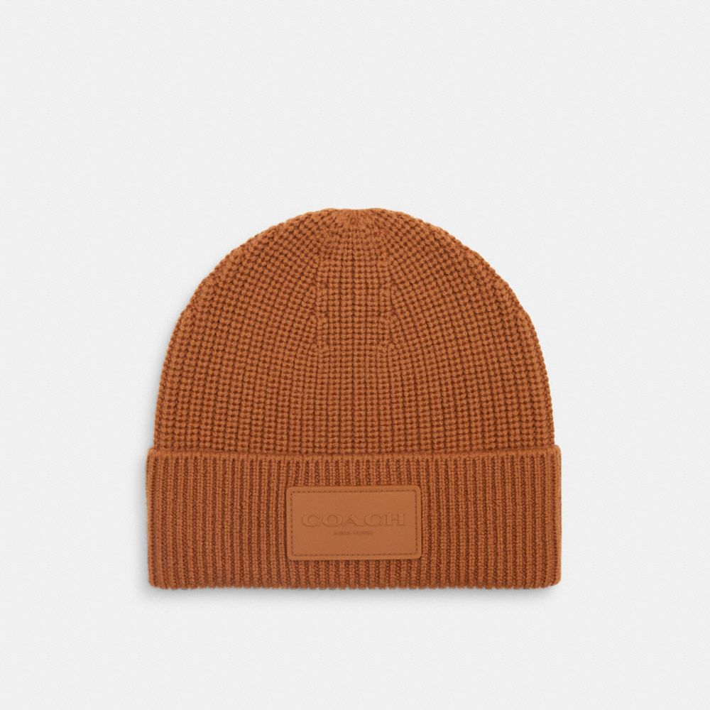 COACH®,Knit Beanie With Rubber Patch,Wool,Beanie,Ribbed,Logo,Applique,Casual,Brown,Front View