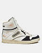 COACH®,DISTRESSED HIGH TOP SNEAKER,Leather,White & Black,Angle View
