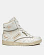 COACH®,DISTRESSED HIGH TOP SNEAKER,Leather,White/Dove Grey,Angle View