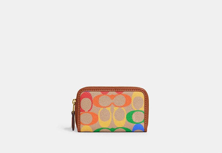 COACH®,SMALL ZIP AROUND CARD CASE IN RAINBOW SIGNATURE CANVAS,Signature Coated Canvas,Mini,Brass/Tan Natural Multi,Front View