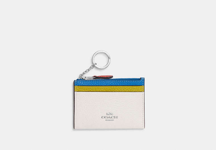 COACH®,MINI SKINNY ID CASE IN COLORBLOCK,Leather,Silver/Chalk/Racer Blue Multi,Front View