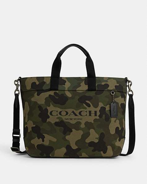 COACH®,TOTE 38 WITH CAMO PRINT,Signature Coated Canvas,Gunmetal/Green Multi,Front View