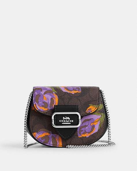 COACH®,MORGAN CARD CASE ON A CHAIN IN SIGNATURE CANVAS WITH ROSE PRINT,Coated Canvas/Signature Canvas/Smooth Lea...,Silver/Brown/Iris Multi,Front View
