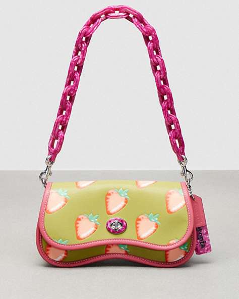 COACH®,Wavy Dinky in Coachtopia Leather with Strawberry Print,Coachtopia Leather,Small,Lime Green Multi,Front View