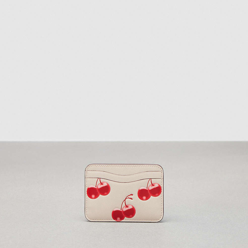 Coach Wavy Card Case In Topia Leather With Cherry Print In Cloud Multi