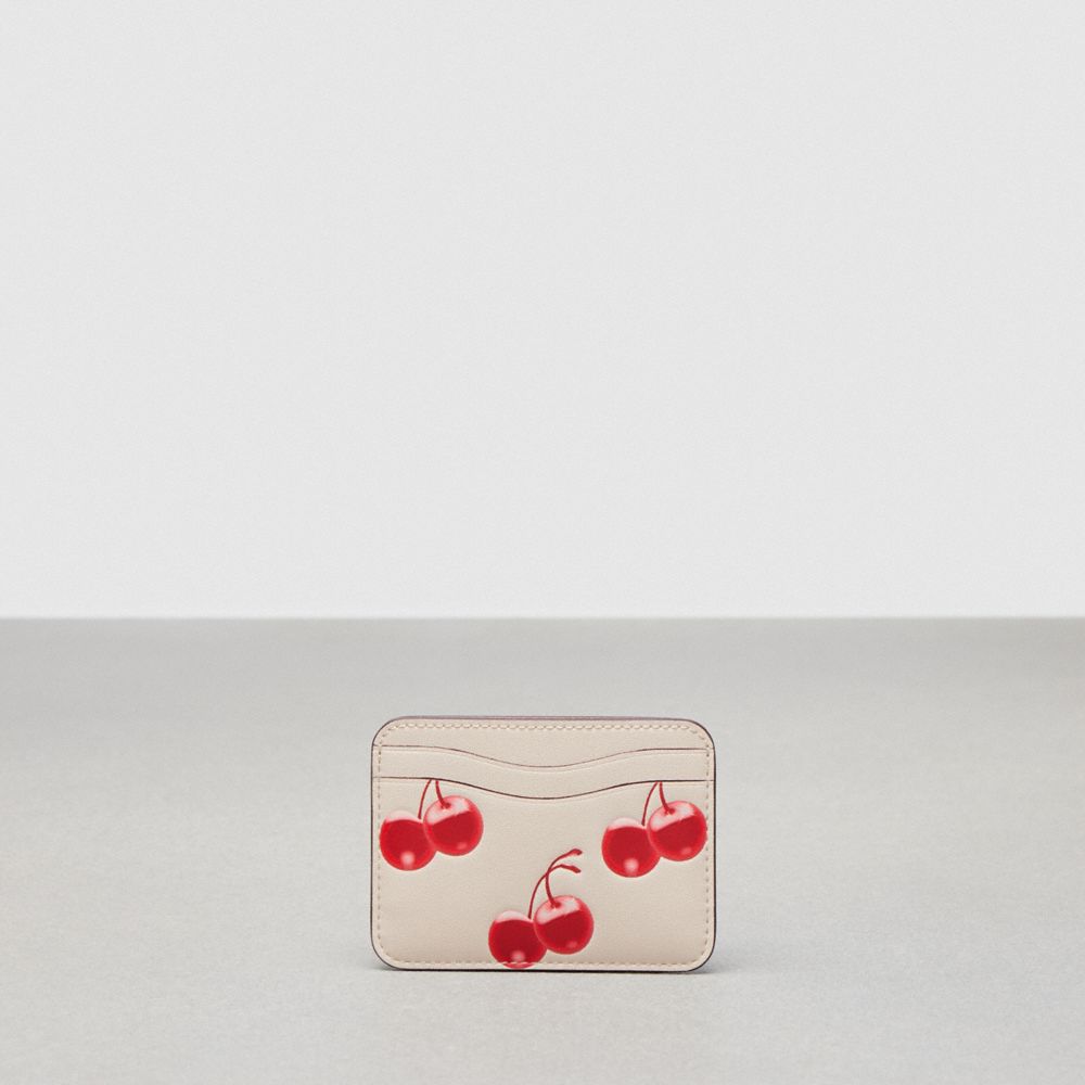 Coach Wavy Card Case In Topia Leather With Cherry Print In Cloud Multi