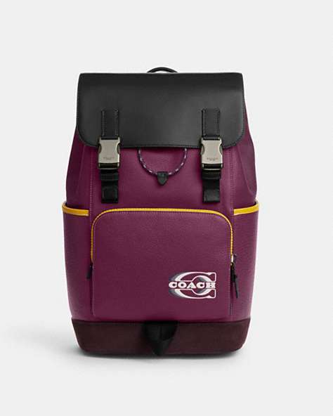 COACH®,TRACK BACKPACK IN COLORBLOCK WITH COACH STAMP,Suede,Black Antique Nickel/Deep Berry Multi,Front View