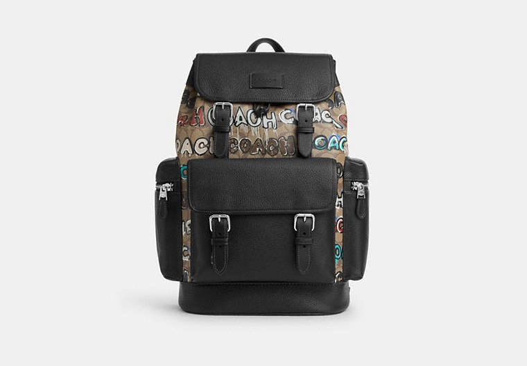 COACH®,COACH X MINT + SERF SPRINT BACKPACK IN SIGNATURE CANVAS,Signature Coated Canvas,Silver/Khaki Multi,Front View