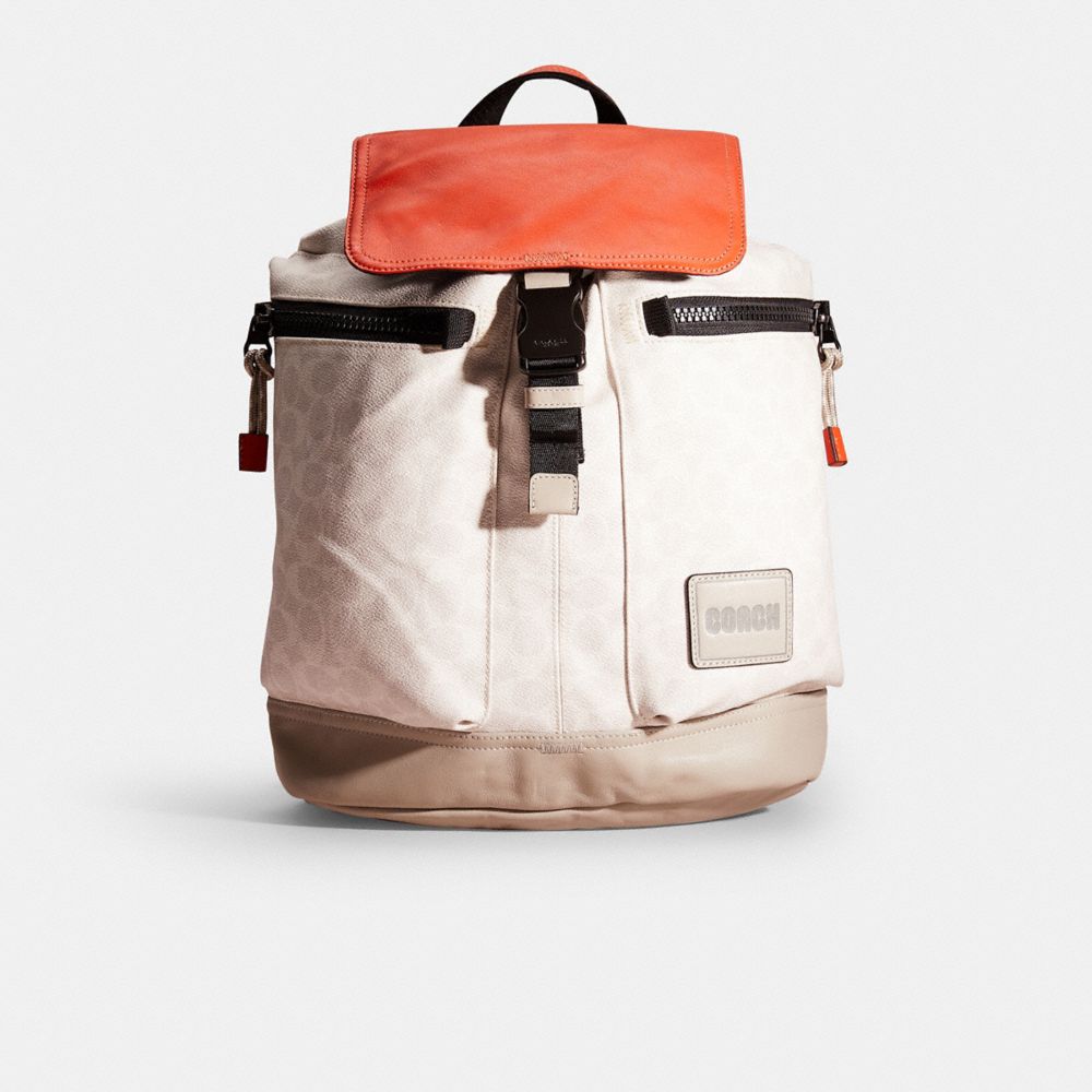 Coach Restored Pacer Utility Backpack In Signature Canvas With  Patch In Black Copper/chalk/mango