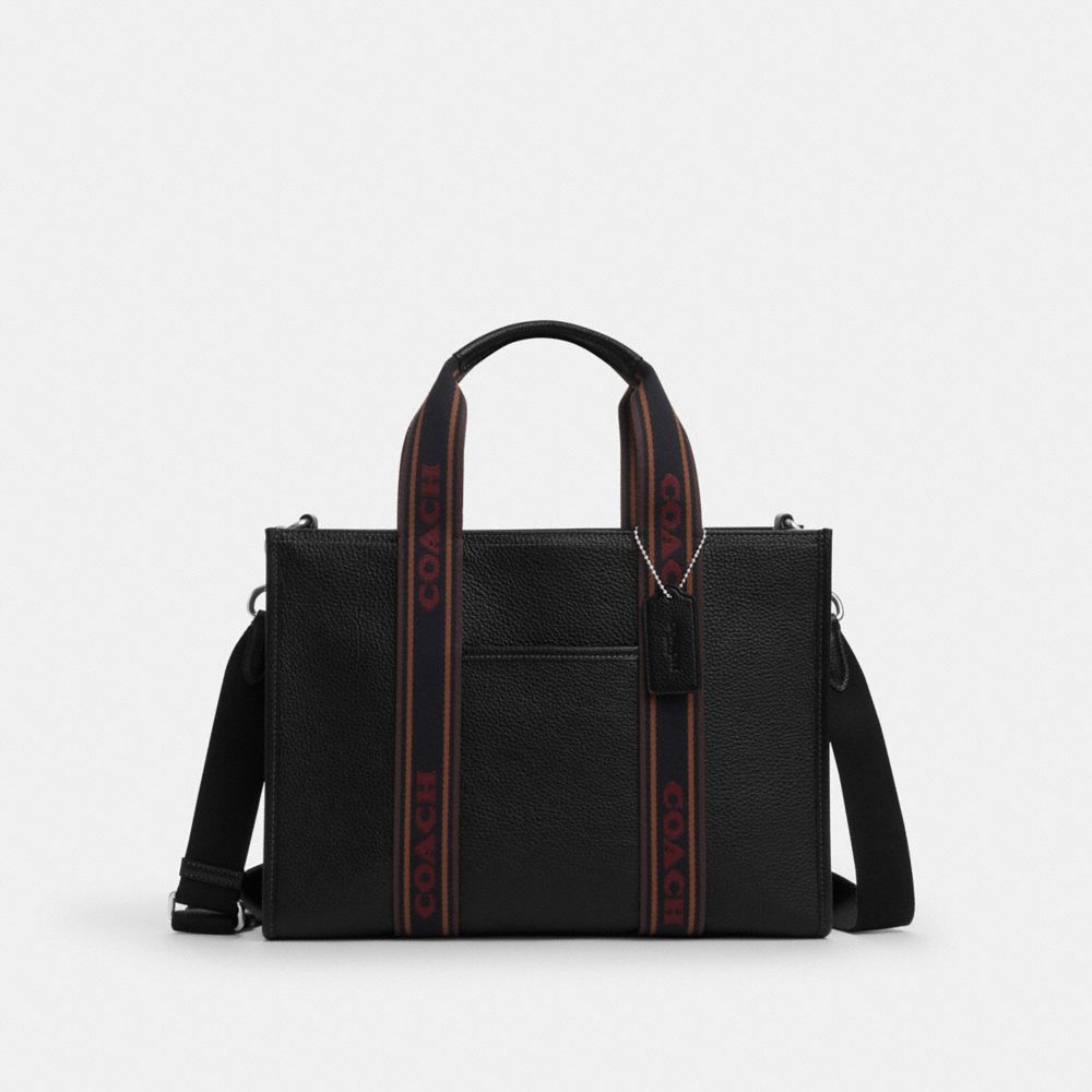 COACH®,Smith Tote Bag,Leather,Tote,Stripe,Logo,Word Embellishment,Silver Metal,Casual,Black,Front View
