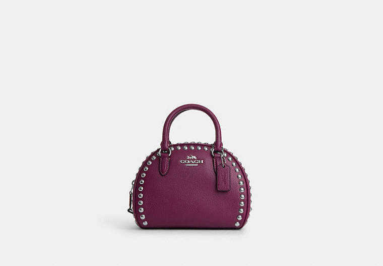 COACH®,SYDNEY SATCHEL WITH RIVETS,Mixed Material,Medium,Silver/Deep Berry,Front View