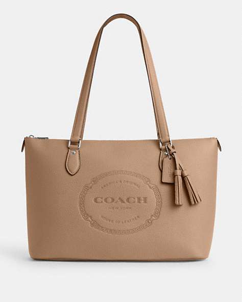 COACH®,GALLERY TOTE WITH COACH HERITAGE,Leather,Anniversary,Silver/Taupe,Front View