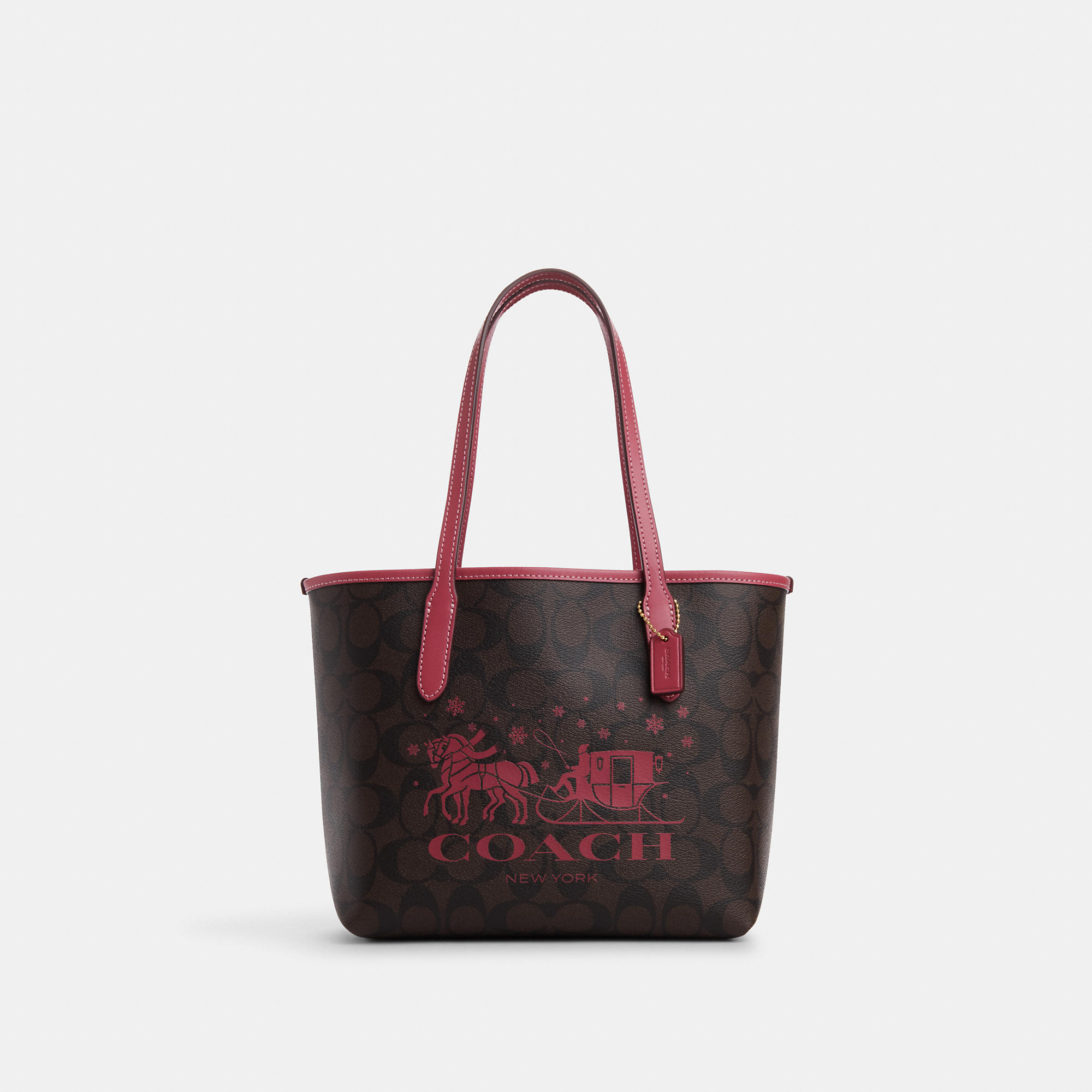 Coach Mini City Tote In Signature Canvas With Horse And Sleigh In Brown