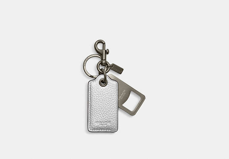 COACH®,BOTTLE OPENER KEY FOB,Pebble Leather,Black Antique Nickel/Metallic Silver,Front View