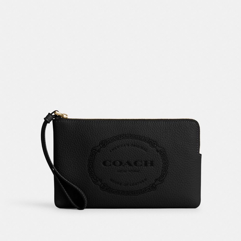 Coach Corner Zip Wristlet Black in Leather with Gold-tone - US