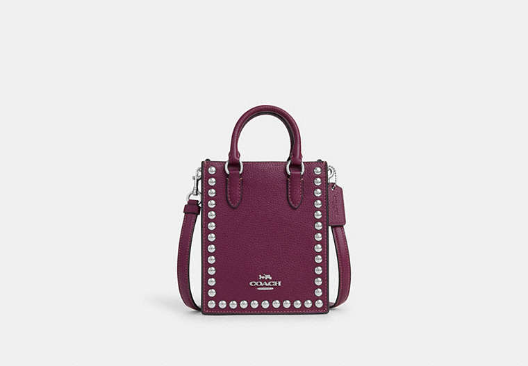 COACH®,NORTH SOUTH MINI TOTE WITH RIVETS,Mixed Material,Mini,Silver/Deep Berry,Front View