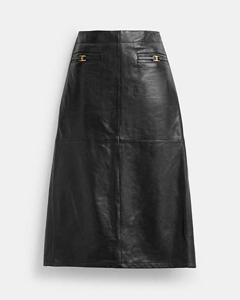 COACH®,LONG LEATHER SKIRT,Runway,Black,Front View