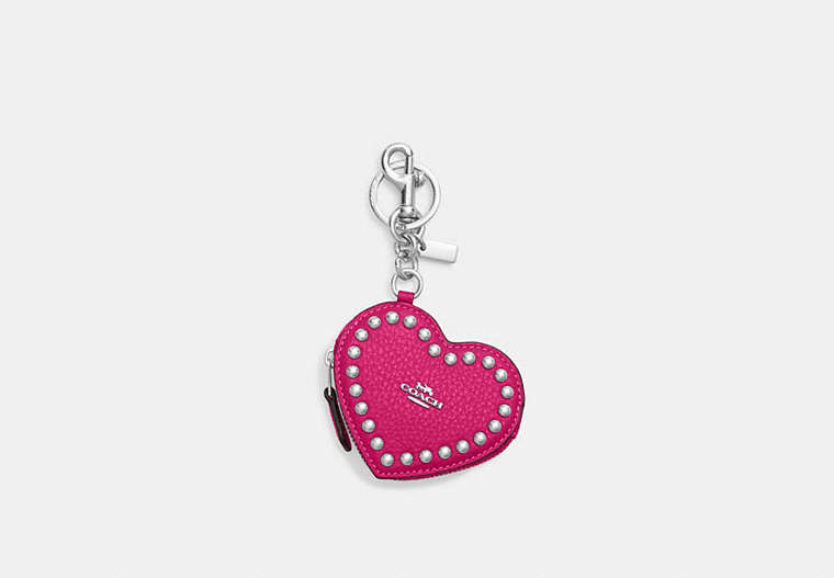 COACH®,HEART POUCH WITH RIVETS,Mixed Material,Silver/Cerise,Front View