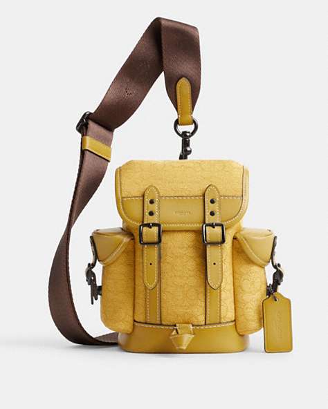 COACH®,HITCH BACKPACK 13 IN MICRO SIGNATURE JACQUARD,Signature Jacquard,Mini,Yellow/Flax,Front View