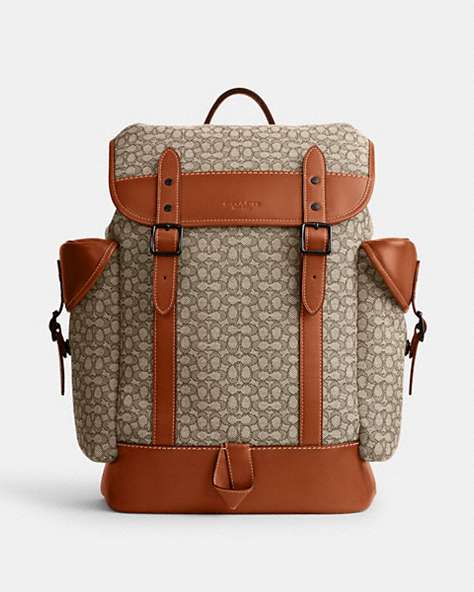 COACH®,HITCH BACKPACK IN MICRO SIGNATURE JACQUARD,Signature Jacquard,Extra Large,Cocoa/Burnished Amber,Front View