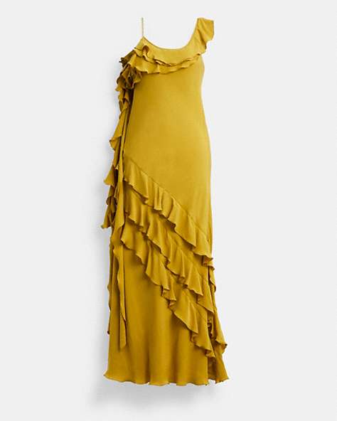 COACH®,BIAS DRESS WITH RUFFLE NECKLINE,Silk,Runway,Dark Yellow,Front View
