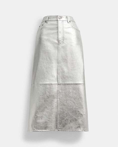 COACH®,METALLIC LEATHER LONG SKIRT,Shine,Silver,Front View