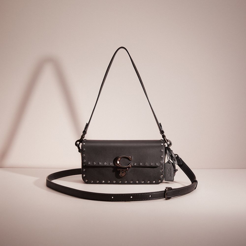 Coach Restored Studio Baguette Bag With Crystal Rivets In Pewter/black