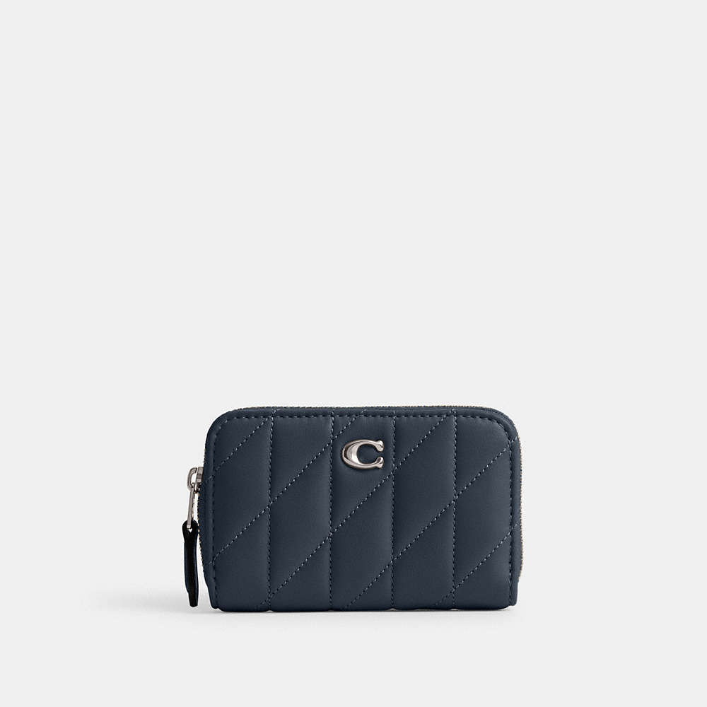 Coach Small Zip Around Card Case With Pillow Quilting In Silver/denim