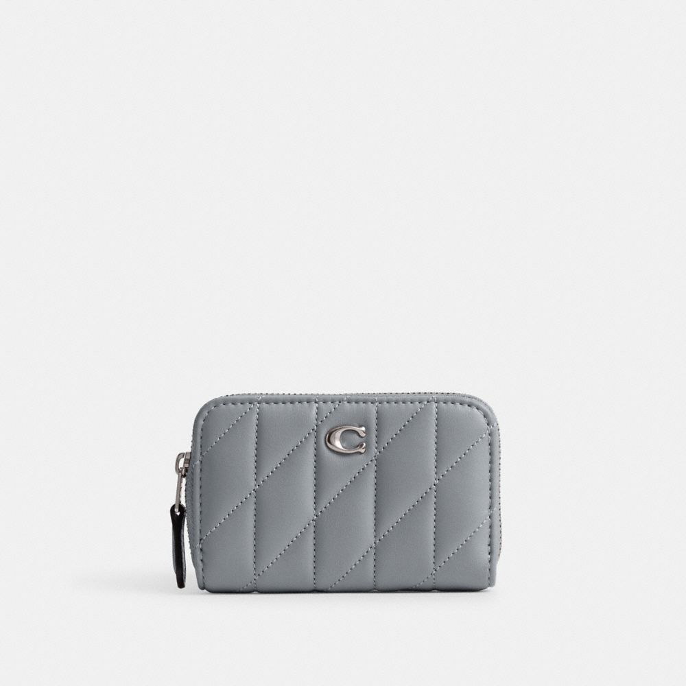 Coach Quilted Pillow Leather Small Zip Around Card Case - Grey Blue