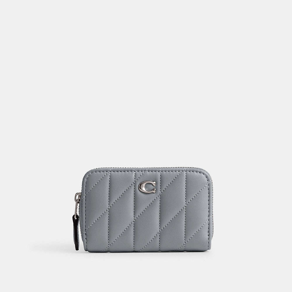Coach Small Zip Around Card Case With Pillow Quilting In Silver/grey Blue