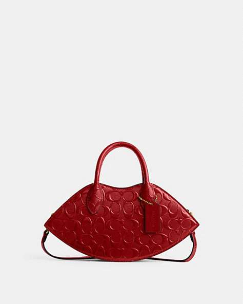 COACH®,LIP BAG IN SIGNATURE LEATHER,Small,Runway,Brass/Red,Front View