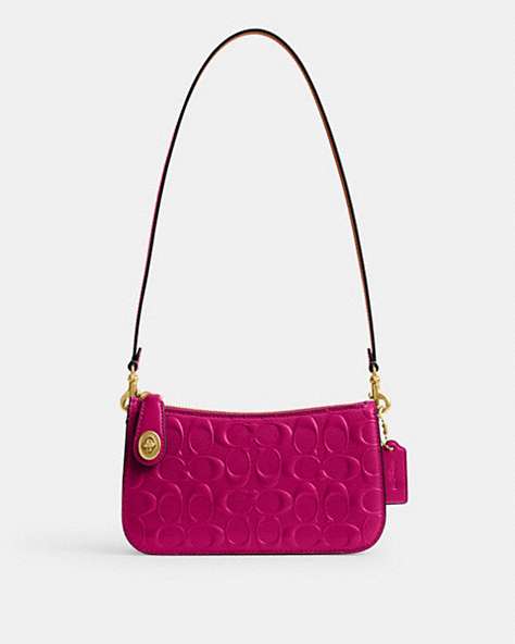 COACH®,PENN SHOULDER BAG IN SIGNATURE LEATHER,Mini,Brass/Magenta,Front View