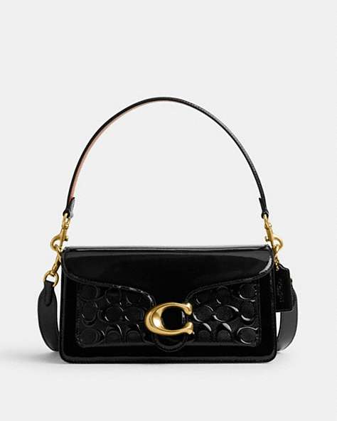 COACH®,TABBY SHOULDER BAG 26 IN SIGNATURE LEATHER,Patent Leather,Small,Brass/Black,Front View