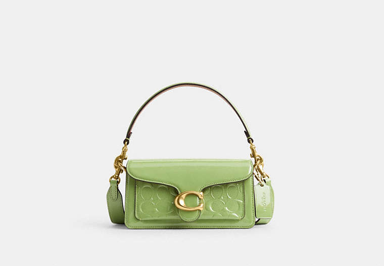 COACH®,TABBY SHOULDER BAG 20 IN SIGNATURE LEATHER,Patent Leather,Small,Brass/Green,Front View