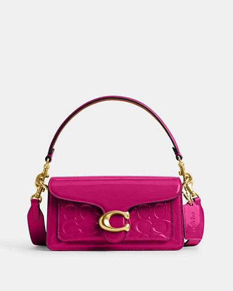COACH®,TABBY SHOULDER BAG 20 IN SIGNATURE LEATHER,Patent Leather,Mini,Brass/Magenta,Front View