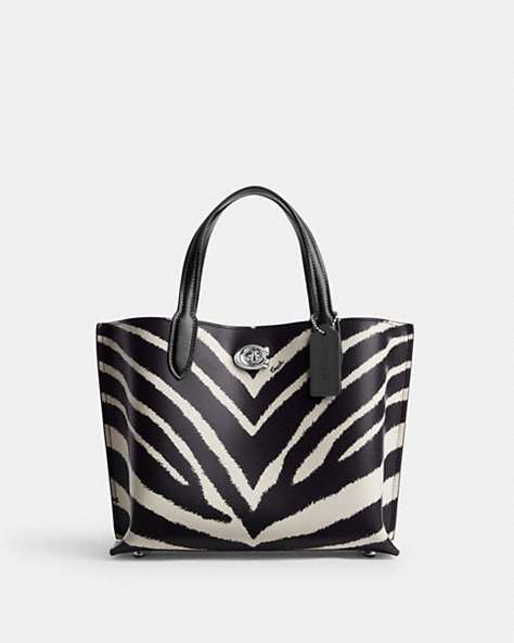 COACH®,WILLOW TOTE 24 WITH ZEBRA PRINT,Refined Calf Leather,Medium,Animal Print,Silver/Zebra,Front View