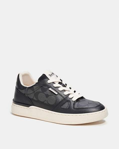 COACH®,CLIP COURT LOW TOP SNEAKER IN SIGNATURE CANVAS,Mixed Materials,Charcoal/Black,Front View